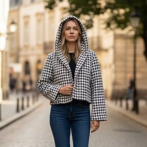 VTG Dereon Beyoncé Black White Houndstooth Hooded Jacket Women's Size 2XL